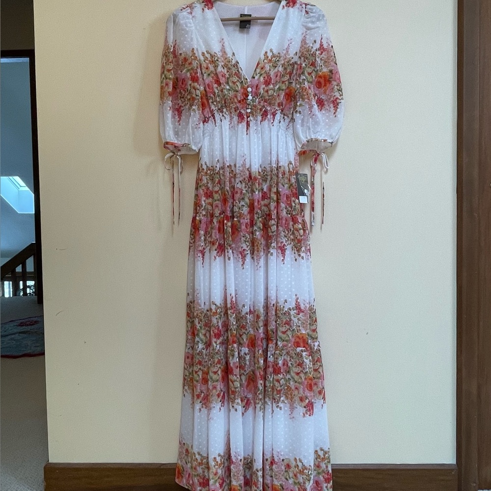 Taylor Red and White Ruched Tiered Maxi Dress